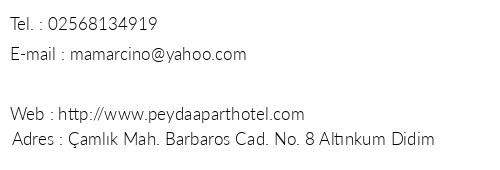 Peyda Apart Hotel telefon numaralar, faks, e-mail, posta adresi ve iletiim bilgileri